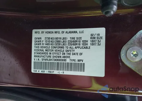 2019 Honda Odyssey Ex-L z USA, uszkodzony, nr VIN 5FNRL6H73KB083690